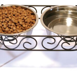 Spot Mediterranean Double Diner Dog Bowl Scroll Work Silver 2 Quarts